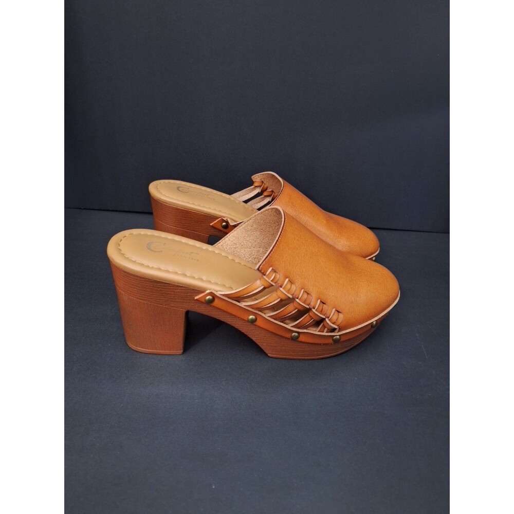 Women's Faux Leather Heeled Platform Clogs Sz 10M Woven Studded Brown